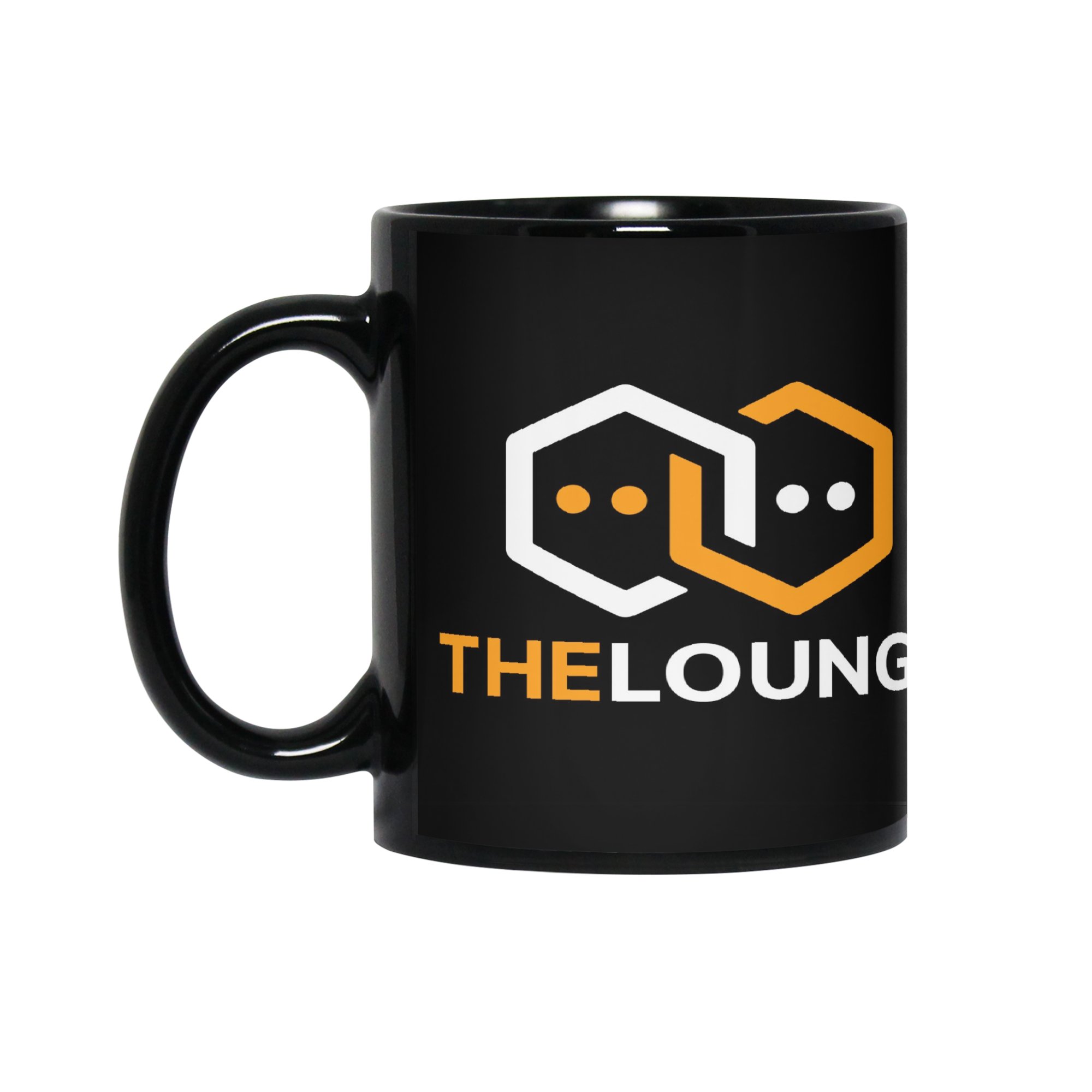 Black mug with inverted The Lounge logo